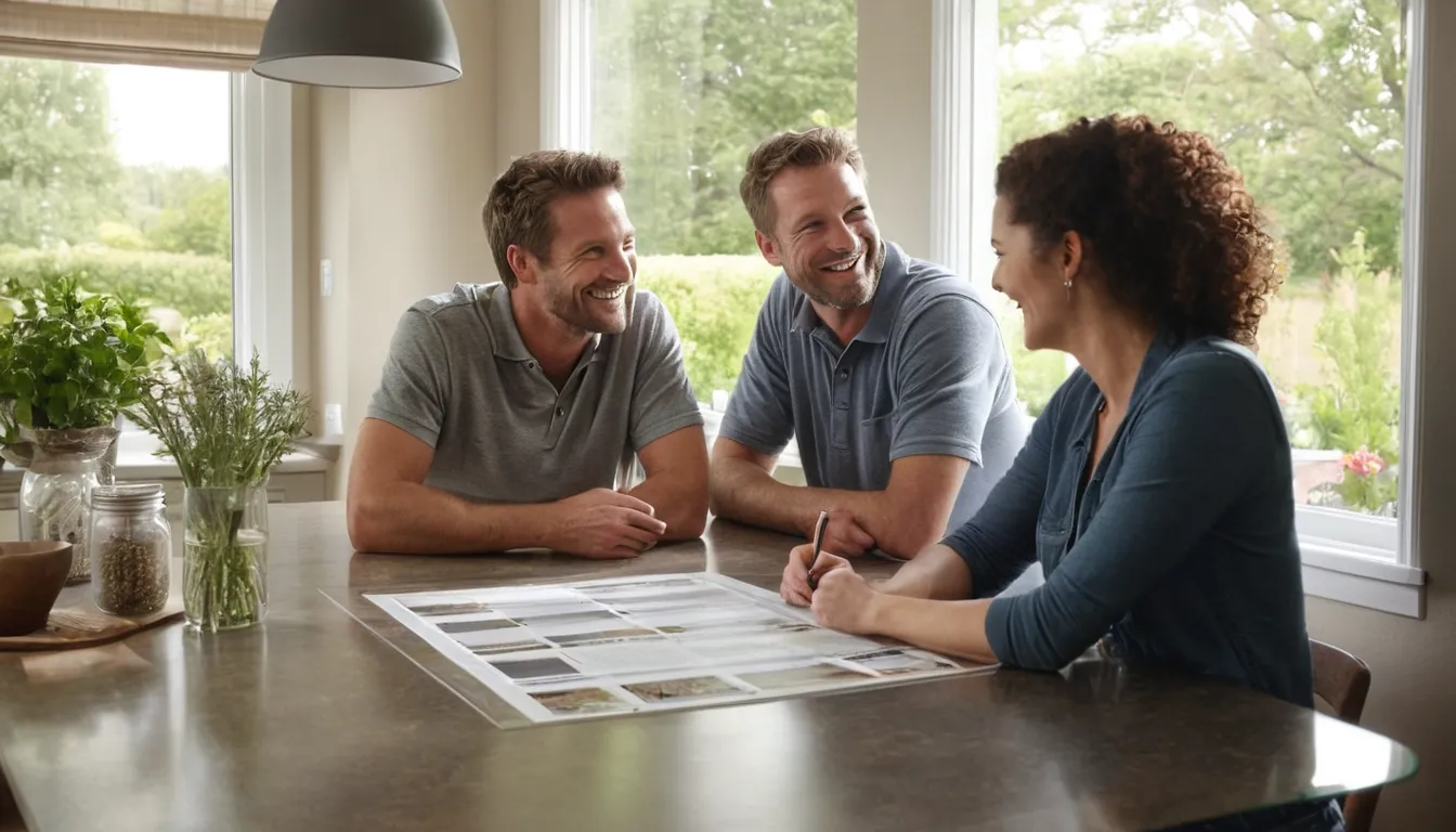 Installer and homeowner reviewing window samples at a kitchen table in the Trenton area