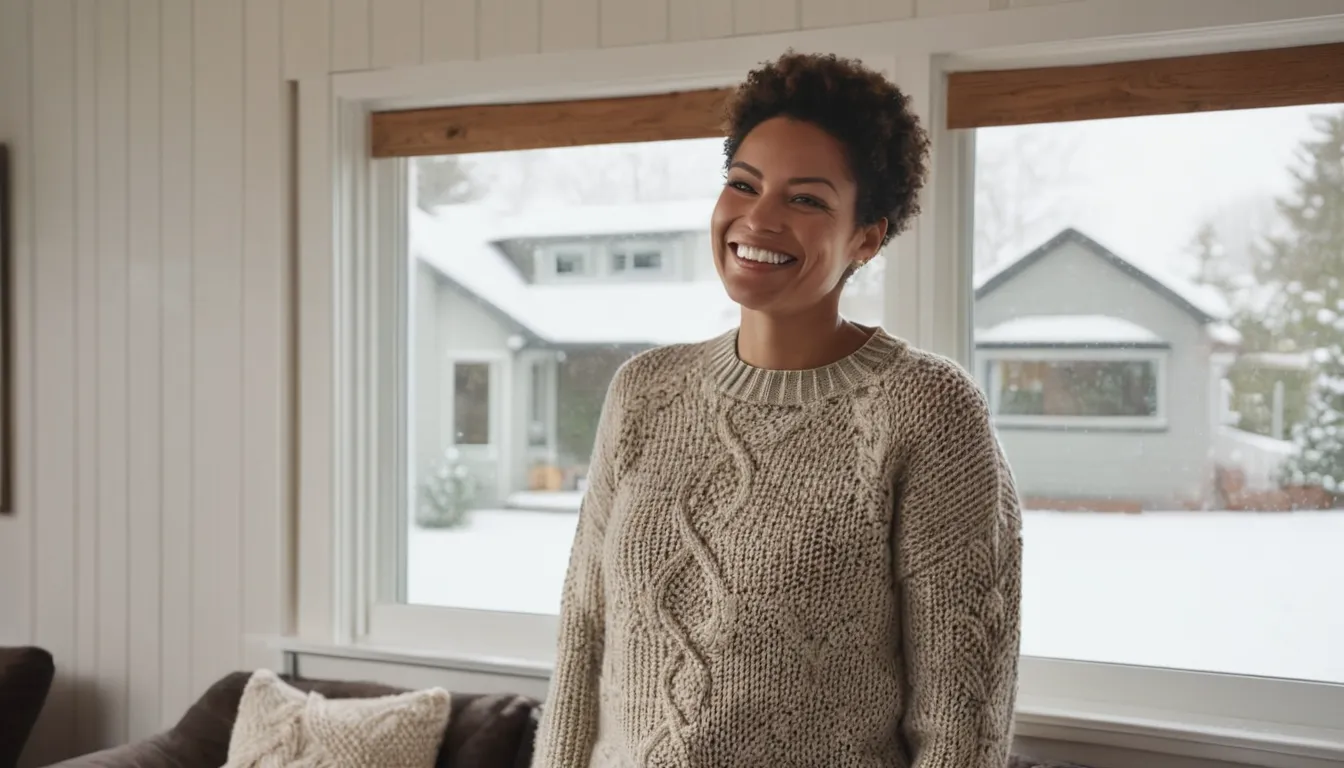 A friendly homeowner in Trenton looking at a bright new window in a cozy living room